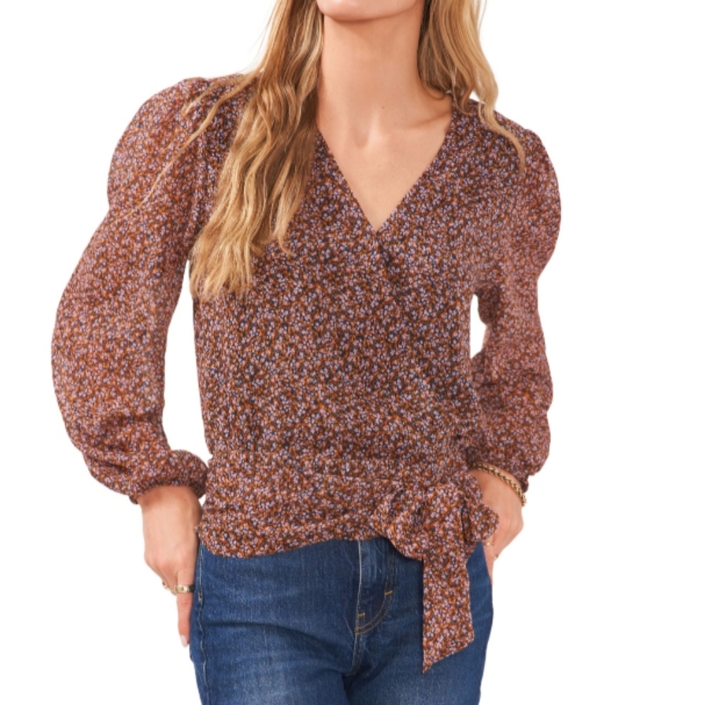 1.STATE 1.STATE Womens Long Sleeve Wrap blouse top.  Navy Multi XS